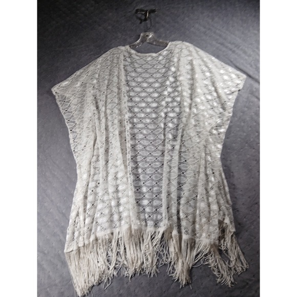 Tops - White Lace Kimono Wrap. One Size.Fringe Trim Boho Festival Beach Duster Cover-up